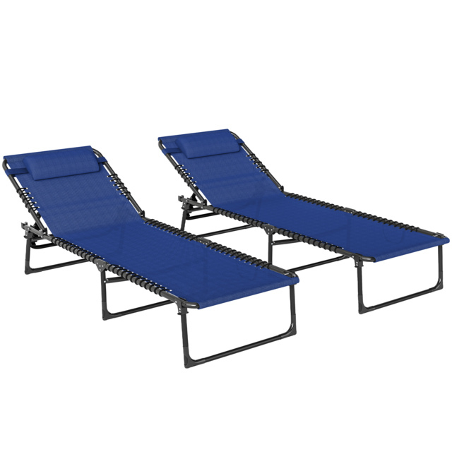 Outsunny 2 Pcs Folding Sun Lounger Beach Chaise Chair Garden Cot Camping Recliner with 4 Position Adjustable Blue - Aosom UK - image 1