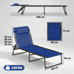 Outsunny 2 Pcs Folding Sun Lounger Beach Chaise Chair Garden Cot Camping Recliner with 4 Position Adjustable Blue - Aosom UK - thumbnail 3