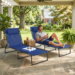 Outsunny 2 Pcs Folding Sun Lounger Beach Chaise Chair Garden Cot Camping Recliner with 4 Position Adjustable Blue - Aosom UK - thumbnail 7