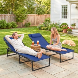 Outsunny 2 Pcs Folding Sun Lounger Beach Chaise Chair Garden Cot Camping Recliner with 4 Position Adjustable Blue - Aosom UK - thumbnail 8