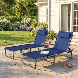 Outsunny 2 Pcs Folding Sun Lounger Beach Chaise Chair Garden Cot Camping Recliner with 4 Position Adjustable Blue - Aosom UK - thumbnail 9