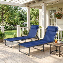 Outsunny 2 Pcs Folding Sun Lounger Beach Chaise Chair Garden Cot Camping Recliner with 4 Position Adjustable Blue - Aosom UK - thumbnail 2