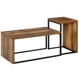 HOMCOM Set of 2 Coffee Tables Industrial Style Tea Table, Side Table w/ Metal Frame for Living Room Bedroom Black & Brown - Aosom UK - thumbnail 1