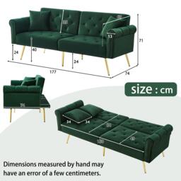 2-Seater Modern Sofa Bed with Velvet Upholstery and Adjustable Backrests, Daybed Perfect for Living Room, 177L x 74W x 71H cm, Green - Aosom UK - thumbnail 3