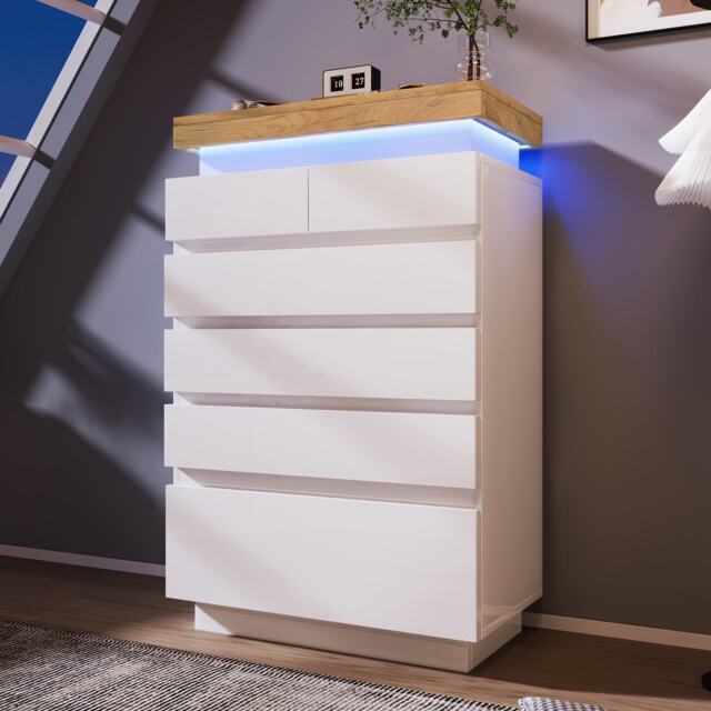 High-Gloss Storage Cabinet with 6 Storage Drawers, LED lighting Chest of Drawers for Bedroom, Living Room, 73L x 39W x 115H cm, White - Aosom.UK - image 1