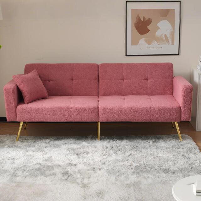 Convertible Sofa Bed with Adjustable Backrest, Golden Legs, Side Pockets, Sherpa Fabric Sleeper Sofa for Bedroom, 176L x 64W x 75H cm, Pink - Aosom.UK - image 1