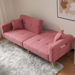 Convertible Sofa Bed with Adjustable Backrest, Golden Legs, Side Pockets, Sherpa Fabric Sleeper Sofa for Bedroom, 176L x 64W x 75H cm, Pink - Aosom.UK - thumbnail 5