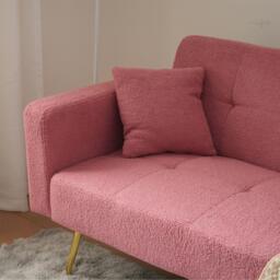 Convertible Sofa Bed with Adjustable Backrest, Golden Legs, Side Pockets, Sherpa Fabric Sleeper Sofa for Bedroom, 176L x 64W x 75H cm, Pink - Aosom.UK - thumbnail 8