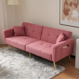 Convertible Sofa Bed with Adjustable Backrest, Golden Legs, Side Pockets, Sherpa Fabric Sleeper Sofa for Bedroom, 176L x 64W x 75H cm, Pink - Aosom.UK - thumbnail 4