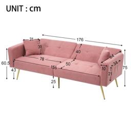 Convertible Sofa Bed with Adjustable Backrest, Golden Legs, Side Pockets, Sherpa Fabric Sleeper Sofa for Bedroom, 176L x 64W x 75H cm, Pink - Aosom.UK - thumbnail 3