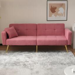 Convertible Sofa Bed with Adjustable Backrest, Golden Legs, Side Pockets, Sherpa Fabric Sleeper Sofa for Bedroom, 176L x 64W x 75H cm, Pink - Aosom.UK - thumbnail 1