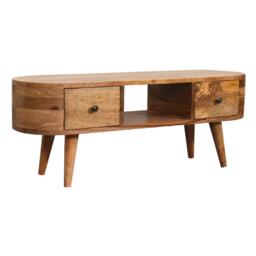 Solid Wood Mini Rounded Entertainment Unit with 2 Smooth‑Gliding Drawers, Handcrafted Table with Open Slot, 30L x 100W x 37H cm, Brown - Aosom UK - thumbnail 6