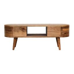 Solid Wood Mini Rounded Entertainment Unit with 2 Smooth‑Gliding Drawers, Handcrafted Table with Open Slot, 30L x 100W x 37H cm, Brown - Aosom UK - thumbnail 8