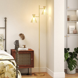 HOMCOM Floor Lamp with Adjustable Dual Head, Modern Standing Lamp with Floral Glass Shades and Foot Switch for Living Room Bedroom, E27 Socket, Bulb Not Included, Gold Tone - thumbnail 7