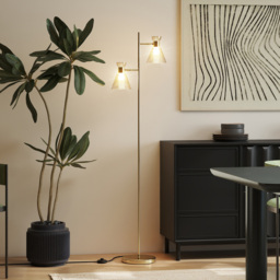 HOMCOM Floor Lamp with Adjustable Dual Head, Modern Standing Lamp with Floral Glass Shades and Foot Switch for Living Room Bedroom, E27 Socket, Bulb Not Included, Gold Tone - thumbnail 6