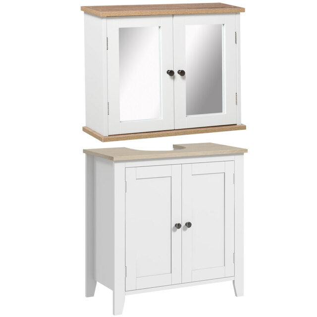 kleankin Bathroom Furniture Set, Mirror Cabinet Wall Mounted with Adjustable Shelf, Bathroom Sink Cabinet, White and Wood Grain - Aosom UK - image 1