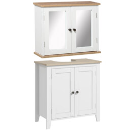 kleankin Bathroom Furniture Set, Mirror Cabinet Wall Mounted with Adjustable Shelf, Bathroom Sink Cabinet, White and Wood Grain - Aosom UK - thumbnail 1