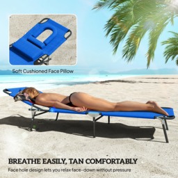 Outsunny Outdoor Foldable Sun Lounger Set of 2, 4 Level Adjustable Backrest Reclining Sun Lounger Chair with Pillow and Reading Hole, Blue - Aosom UK - thumbnail 7