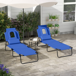 Outsunny Outdoor Foldable Sun Lounger Set of 2, 4 Level Adjustable Backrest Reclining Sun Lounger Chair with Pillow and Reading Hole, Blue - Aosom UK - thumbnail 2