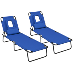 Outsunny Outdoor Foldable Sun Lounger Set of 2, 4 Level Adjustable Backrest Reclining Sun Lounger Chair with Pillow and Reading Hole, Blue - Aosom UK - thumbnail 1