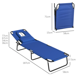 Outsunny Outdoor Foldable Sun Lounger Set of 2, 4 Level Adjustable Backrest Reclining Sun Lounger Chair with Pillow and Reading Hole, Blue - Aosom UK - thumbnail 3