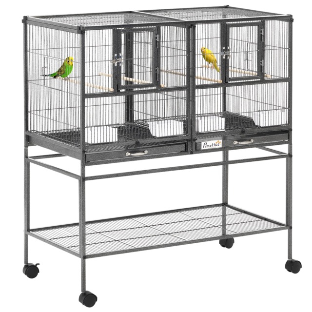 PawHut Double Rolling Metal Bird Cage Parrot Cage with Removable Metal Tray, Storage Shelf, Wood Perch, and Food Container - image 1