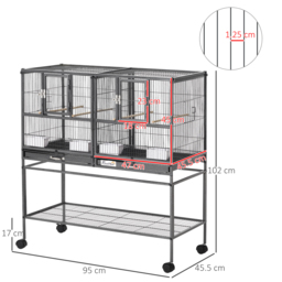 PawHut Double Rolling Metal Bird Cage Parrot Cage with Removable Metal Tray, Storage Shelf, Wood Perch, and Food Container - thumbnail 3