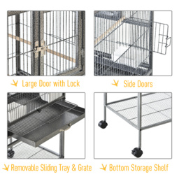 PawHut Double Rolling Metal Bird Cage Parrot Cage with Removable Metal Tray, Storage Shelf, Wood Perch, and Food Container - thumbnail 5