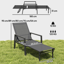 Outsunny Sun Lounger Retracable Footrest 5-Position Adjustable Steel Frame for Beach, Porch, Patio, Camping, Dark Grey - thumbnail 3