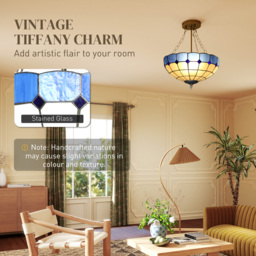 HOMCOM Tiffany Style Ceiling Light, Vintage Chandelier with 3 E27 Sockets, Semi Flush Mount for Living Room, Bulbs Not Included - thumbnail 4
