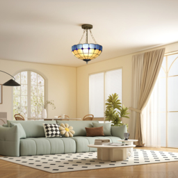 HOMCOM Tiffany Style Ceiling Light, Vintage Chandelier with 3 E27 Sockets, Semi Flush Mount for Living Room, Bulbs Not Included - thumbnail 2