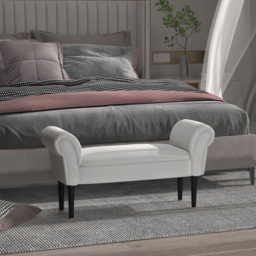 HOMCOM Small Linen Upholstered Ottoman Bench with Rolled Arm End, Elegant Wooden Legs, Compact Design, Grey - Aosom UK - thumbnail 2