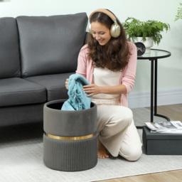 HOMCOM Velvet-feel Round Ottoman Stool, Storage Pouffe, Padded Seat, Hidden Compartment, Grey - thumbnail 7