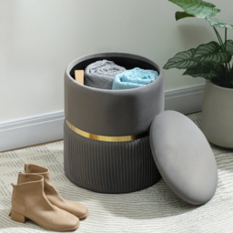 HOMCOM Velvet-feel Round Ottoman Stool, Storage Pouffe, Padded Seat, Hidden Compartment, Grey - thumbnail 8