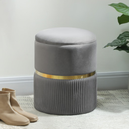 HOMCOM Velvet-feel Round Ottoman Stool, Storage Pouffe, Padded Seat, Hidden Compartment, Grey - thumbnail 2
