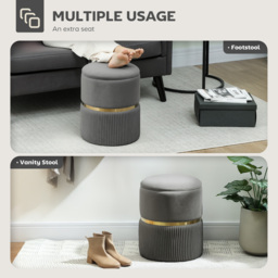 HOMCOM Velvet-feel Round Ottoman Stool, Storage Pouffe, Padded Seat, Hidden Compartment, Grey - thumbnail 6