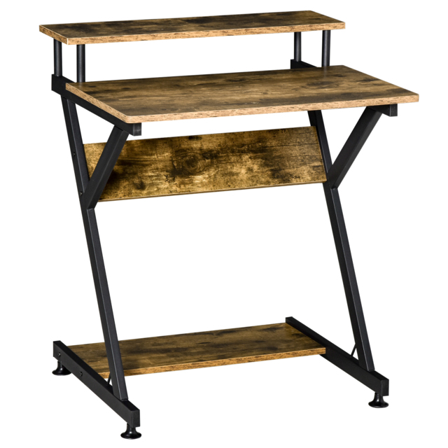 HOMCOM Computer Table with Monitor Shelf & Storage, Compact R-Shaped Workstation for Home Office, Study or Gaming, Rustic Brown - Aosom UK