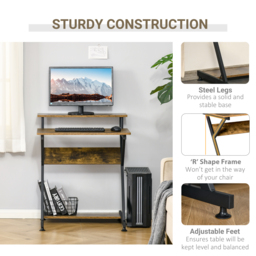 HOMCOM Computer Table with Monitor Shelf & Storage, Compact R-Shaped Workstation for Home Office, Study or Gaming, Rustic Brown - Aosom UK - thumbnail 5