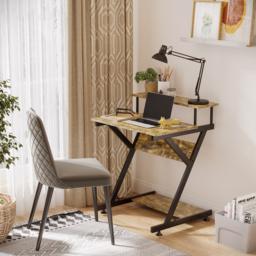 HOMCOM Computer Table with Monitor Shelf & Storage, Compact R-Shaped Workstation for Home Office, Study or Gaming, Rustic Brown - Aosom UK - thumbnail 2