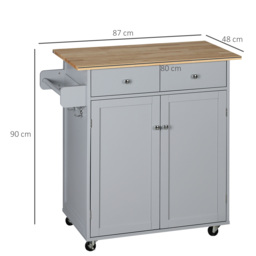 HOMCOM Rolling Kitchen Island on Wheels, Utility Serving Cart with Rubber Wood Top, Towel Rack, Hooks and Storage Drawers, Grey - thumbnail 3