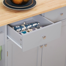 HOMCOM Rolling Kitchen Island on Wheels, Utility Serving Cart with Rubber Wood Top, Towel Rack, Hooks and Storage Drawers, Grey - thumbnail 8