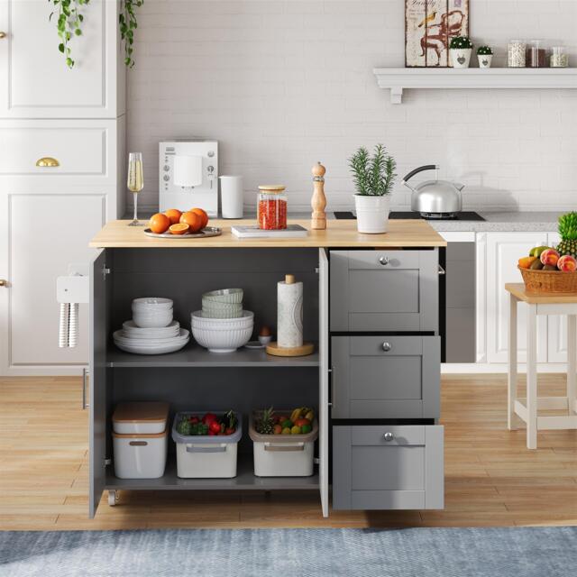 Versatile Kitchen Island with 3 Drawers and 2-Door Cabinet, Space-Saving Rolling Trolley with Foldable Worktop, 135L x 70W x 90H cm, Grey - Aosom UK - image 1