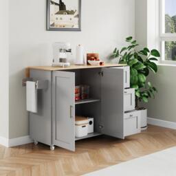 Versatile Kitchen Island with 3 Drawers and 2-Door Cabinet, Space-Saving Rolling Trolley with Foldable Worktop, 135L x 70W x 90H cm, Grey - Aosom UK - thumbnail 9