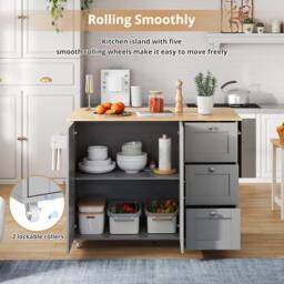 Versatile Kitchen Island with 3 Drawers and 2-Door Cabinet, Space-Saving Rolling Trolley with Foldable Worktop, 135L x 70W x 90H cm, Grey - Aosom UK - thumbnail 5
