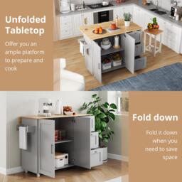 Versatile Kitchen Island with 3 Drawers and 2-Door Cabinet, Space-Saving Rolling Trolley with Foldable Worktop, 135L x 70W x 90H cm, Grey - Aosom UK - thumbnail 6