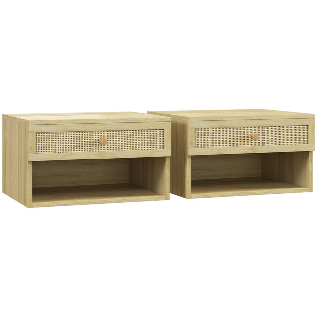 HOMCOM Set of Two Rattan Panel Floating Bedside Tables - Wood-Effect - Aosom UK - image 1