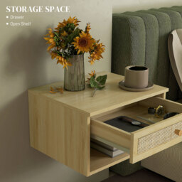 HOMCOM Set of Two Rattan Panel Floating Bedside Tables - Wood-Effect - Aosom UK - thumbnail 6