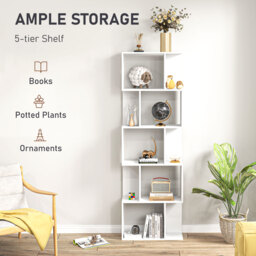 HOMCOM Bookcase, S-Shaped Wooden Bookshelf, 5 Tiers Freestanding Storage Shelf, Home Office Display Stand Rack, White - thumbnail 4