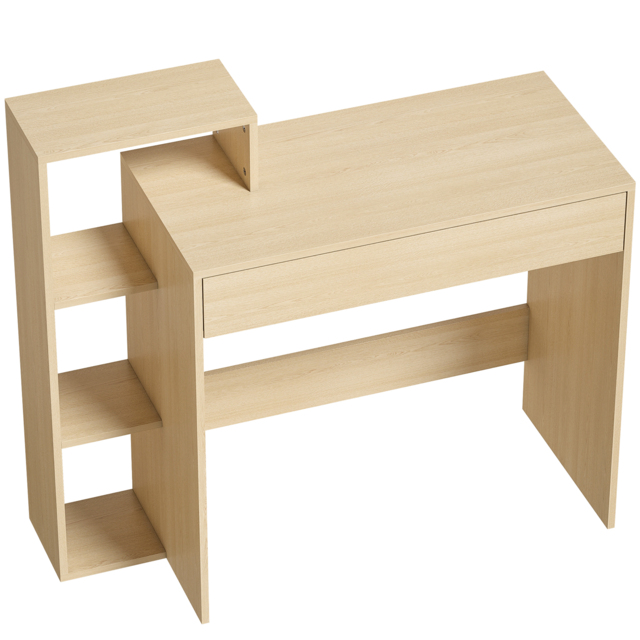HOMCOM Desk with Storage, Computer Desk with 3 Open Shelves and Drawer, Workstation, Computer Table, Natural - image 1
