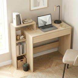 HOMCOM Desk with Storage, Computer Desk with 3 Open Shelves and Drawer, Workstation, Computer Table, Natural - thumbnail 2